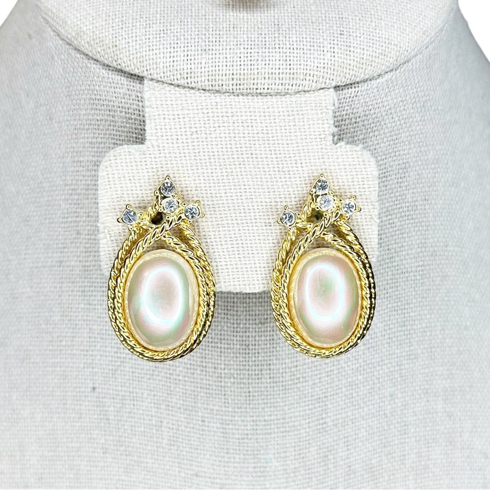 Nolan Miller Vintage Iridescent Faux Pearl Cabochon Rhinestone Clip On Earrings